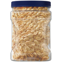 Dry roasted peanuts canister, clear jar filled with peanuts and blue screw lid.
