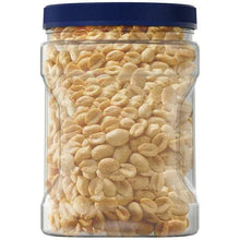 Jar of lightly salted dry roasted peanuts with blue lid and whole peanut kernels