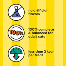 Cat treat packaging icons: no artificial flavors, 100% balanced, under 2 kcal