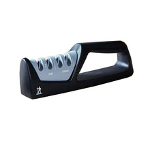 4-stage knife sharpener with black base and blue-gray sharpening slots