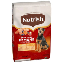 Dry dog food bag front with dog and everyday immune support recipe with chicken, salmon, blueberry