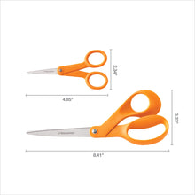 Crafting scissors set with orange handles and silver micro-tip blades, side view