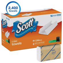 Scott C-fold paper towel case with 2,400 towels, 16 packs, towel stack shown