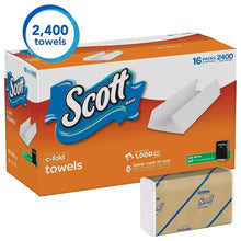 Scott C-fold paper towels case with visible towel roll, 2400 towels label, orange box