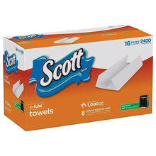 Scott C-fold paper towels case, side view, white and orange 16-pack 2400-towel box