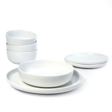 White porcelain dinner bowls set, stacked bowls with one bowl on tray