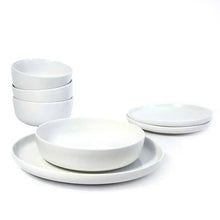 White porcelain cereal bowl set with saucer tray and stacked bowls
