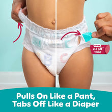 Pull-on diaper on legs with e-z off tabs and elastic waistband