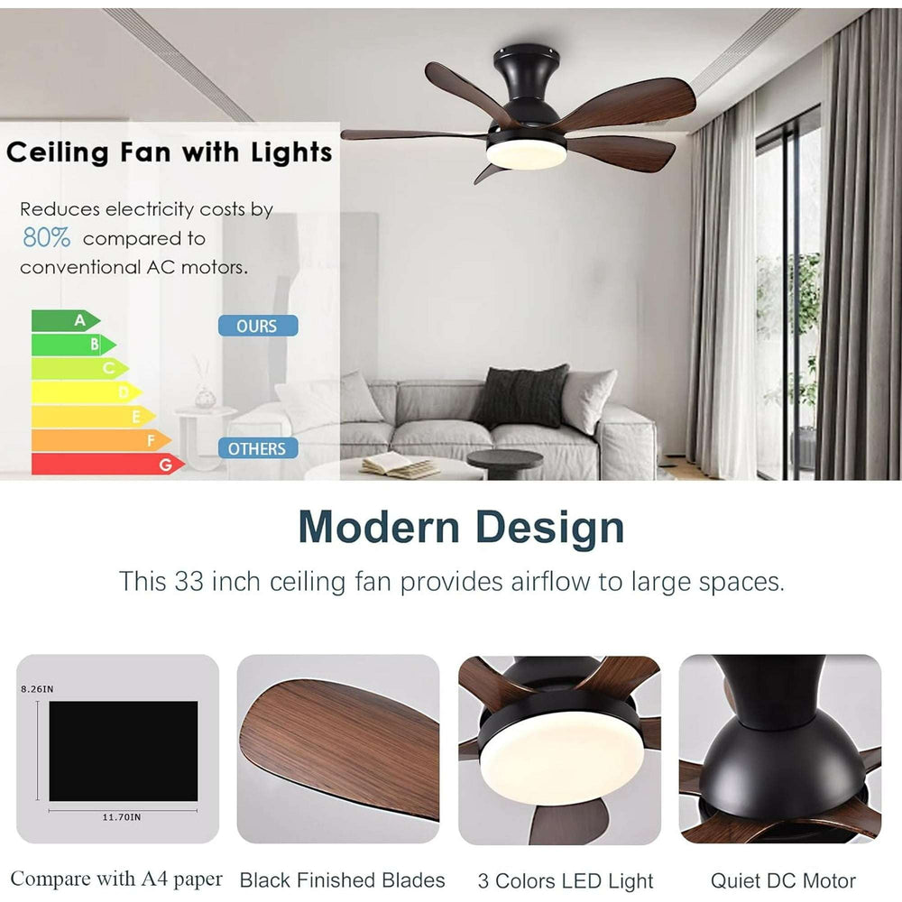 33In Low Profile Ceiling Fans with Lights and Remote/APP Control,Modern Flush Mount Ceiling Fan with 5 Reversible Blades for Outdoor Patio,Small Room,Bedroom(Black+Brown