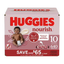 Huggies Nourish scented baby wipes box, 10-pack, cocoa and shea butter.