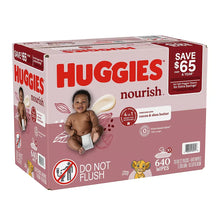 Huggies Nourish baby wipes box, 10-pack, 640 wipes total.