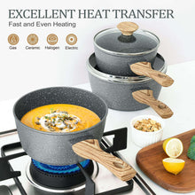 Gray speckled saucepan and matching lid with wood-grain handles on a gas burner