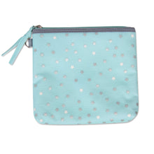 Zip pouch in light blue with small star pattern and teal zipper cord