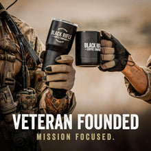 Black coffee mugs with Black Rifle Coffee Company logos, held by gloved hands