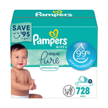 Baby wipes box with teal Pampers Aqua Pure design and pop-top style label