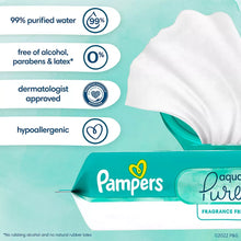 Baby wipes packet with Aqua Pure branding and purity icons showing 99% purified water