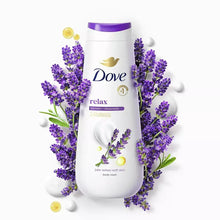 Dove relax body wash bottle with purple flower accents and golden Dove logo