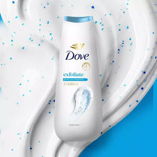 Dove exfoliate body wash bottle with blue exfoliating specks and water droplets