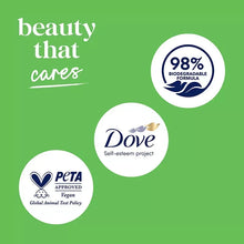 Dove badges for vegan and biodegradable formula on body wash box.