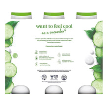Dove body wash label with cucumber slices and green tea scent details.