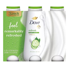 3-pack Dove body wash bottles with green caps and cucumber-green tea label.