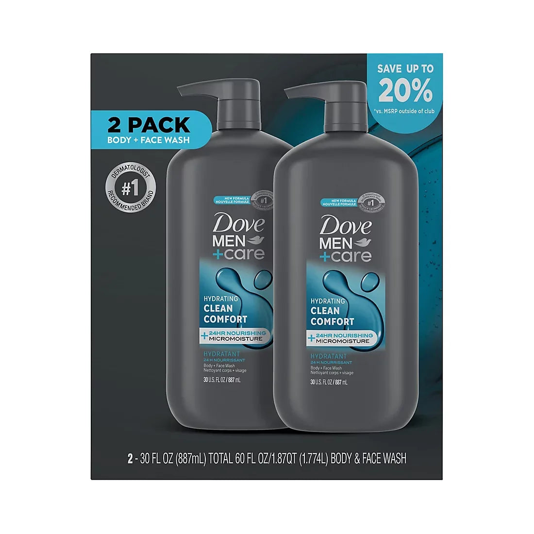 Dove Men+Care Clean Comfort Body & Face Wash, 2 pk./30 oz. - USA MEGA SHOP