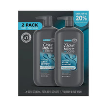 Dove Men+Care Clean Comfort body wash bottles, 2-pack with pump dispensers
