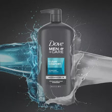 Dove Men+Care Clean Comfort pump bottle with blue and white water splashes