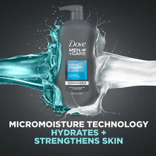 Dove Men+Care Clean Comfort pump bottle with water splash graphic