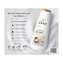Dove pampering body wash bottle, white with brown cap and vanilla flower graphic