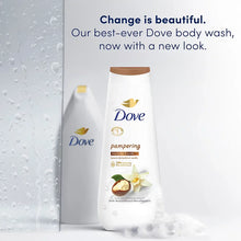 Body wash bottle, white with Dove pampering label and brown cap, front view