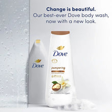 Dove pampering body wash bottle, white with brown cap and vanilla flower graphic