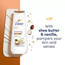 Dove pampering body wash bottle with shea butter and vanilla icons