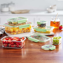 Rectangle food storage containers set with clear walls and mint-green lids, floral print