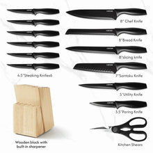 Assorted black ceramic-coated knives with wooden block and built-in sharpener