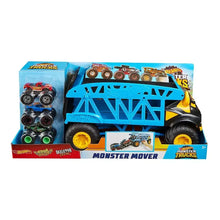 Monster truck toy set in box, blue truck bed and monster vehicles shown, yellow wheels
