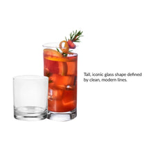Clear tall and short tumblers filled with iced drink, orange and strawberry garnish.