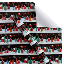 Holiday wrapping paper with dark background, houses, trees, and reindeer icons