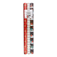 Holiday wrapping paper roll with red and dark scene print and scattered text