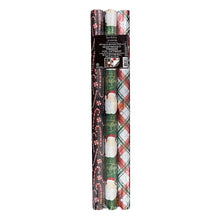 Wrapped roll of wrapping paper with dark background and red, green, and white plaid