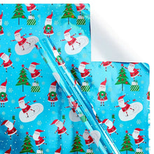 Wrapping paper sheet with blue background and repeating snowman and gift illustrations