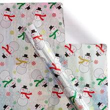 Wrapping paper sheet with light gray background and repeating snowman and gift icons