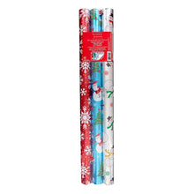 3 rolls wrapping paper with winter characters and snowflake patterns, assorted colors