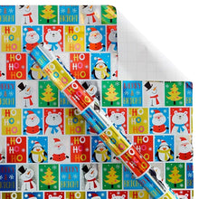 Wrapping paper sheet with “MERRY BRIGHT” text, snowmen, and festive holiday icons