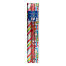 Wrapping paper roll set with colorful striped and icon prints, three stacked rolls