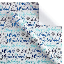 Winter wrapping paper with blue script 'Winter' text and snowflake motifs