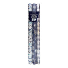 Winter wrapping paper roll set with blue and silver snowflake script pattern