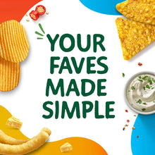 Your faves made simple graphic with potato chips, tortilla chips, and dip cup