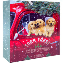 Printed folding gift box with dogs in a red truck and 'Warm Fresh Christmas Trees'.