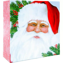 Printed folding gift box with Santa face in a white hat with red trim and pine leaves.